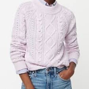 J. Crew Azra pom pom crewneck cable knit lambs wool sweater in vivid lilac Sz M